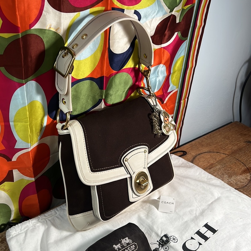 NWT Coach Legacy Stripe Parchment/Brown Slim Flap Ali Turnlock Shoulder Bag $378 - Picture 3 of 16